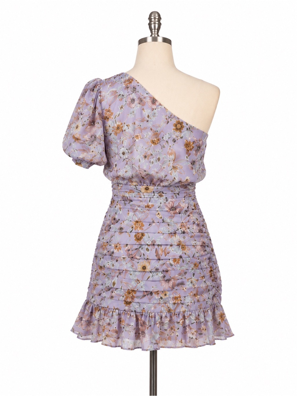 ASTR The Label One Shoulder Floral Mini Dress XS Lilac Ruched - Picture 4 of 8